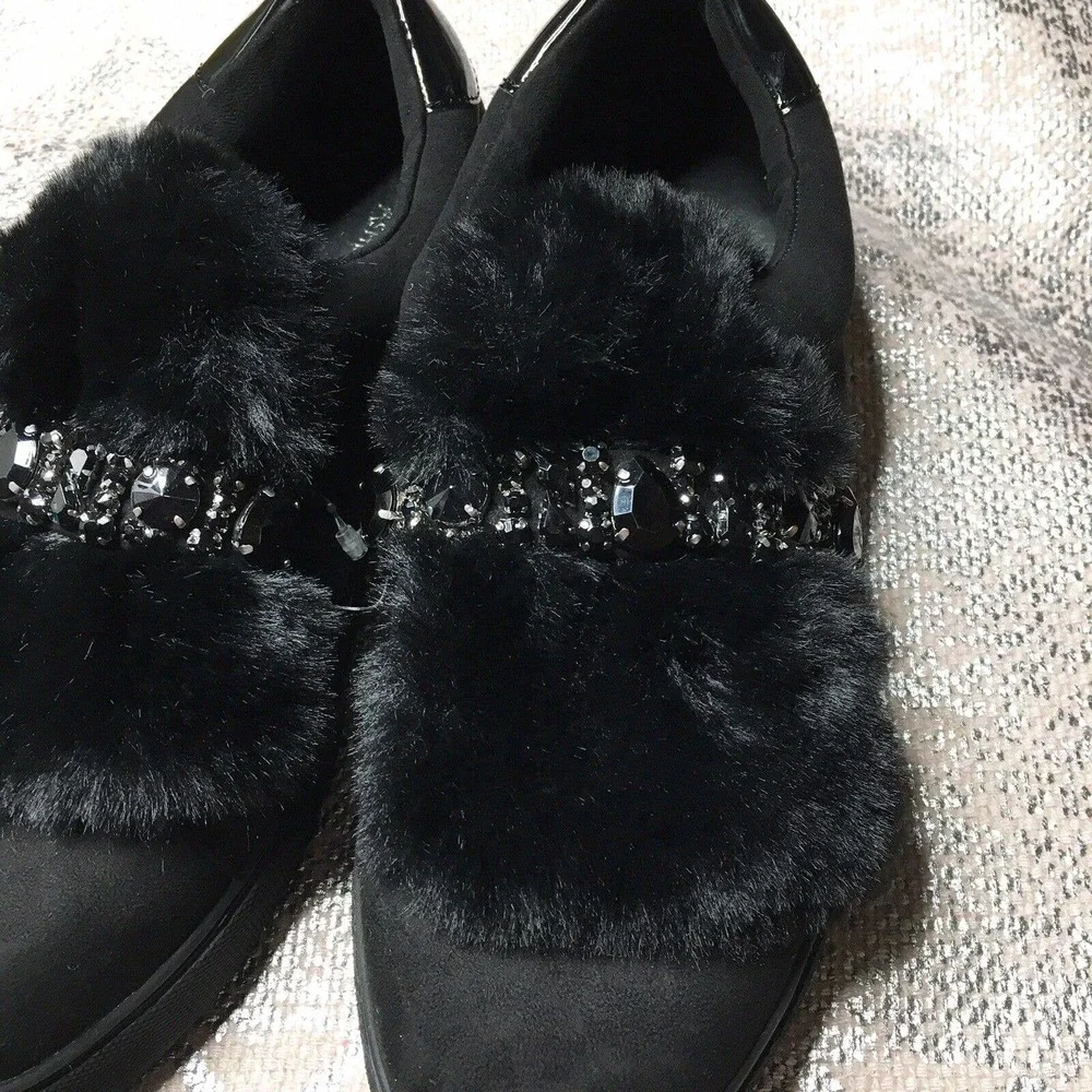 Ashley Stewart Women's Sz 9 Black Faux Suade Fur Loafer Gem Stone Embellished - Picture 4 of 8